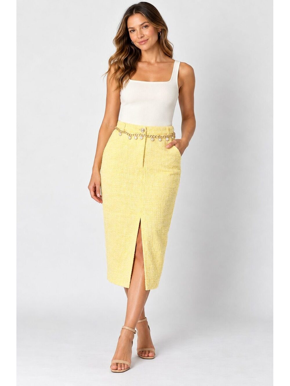 River Island Yellow Textured Pencil Midi Skirt Pearl Chain Belt US 14